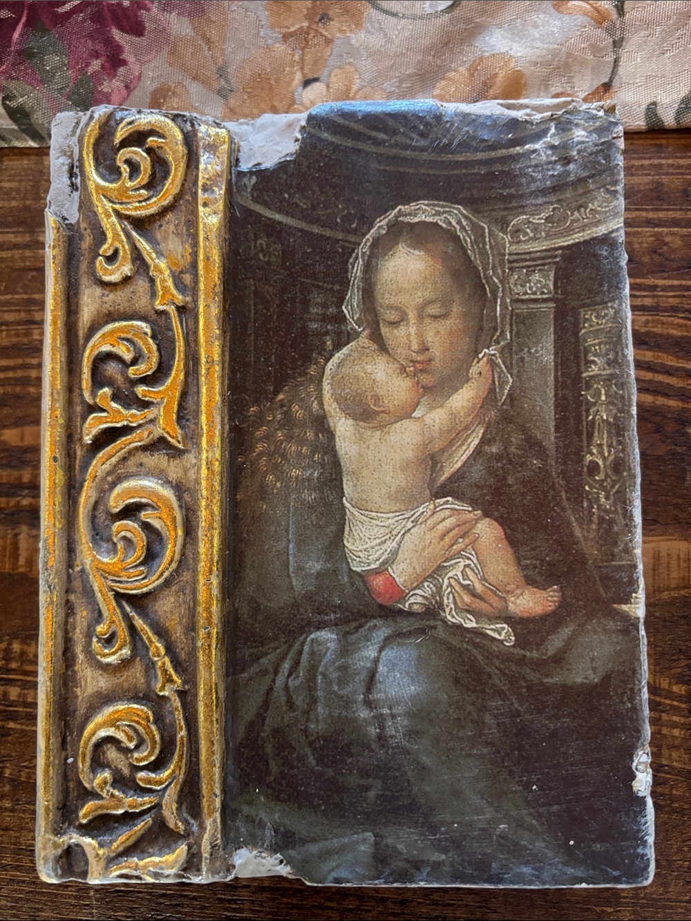 Religious Madonna and Child Wall Plaque with Gilded Scroll Border